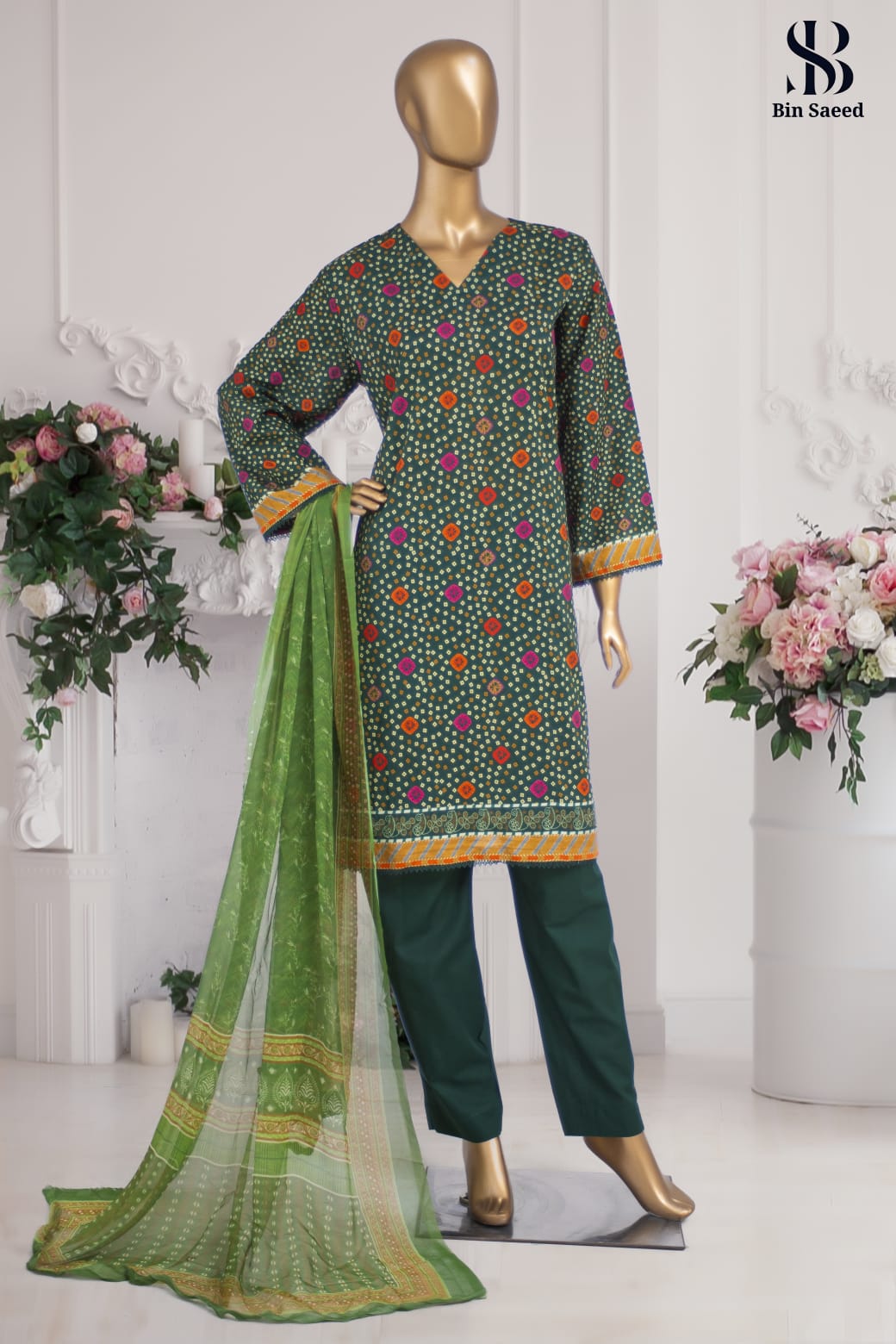 3 Piece Stitched Suit By Bin Saeed Fabrics'24 | Green