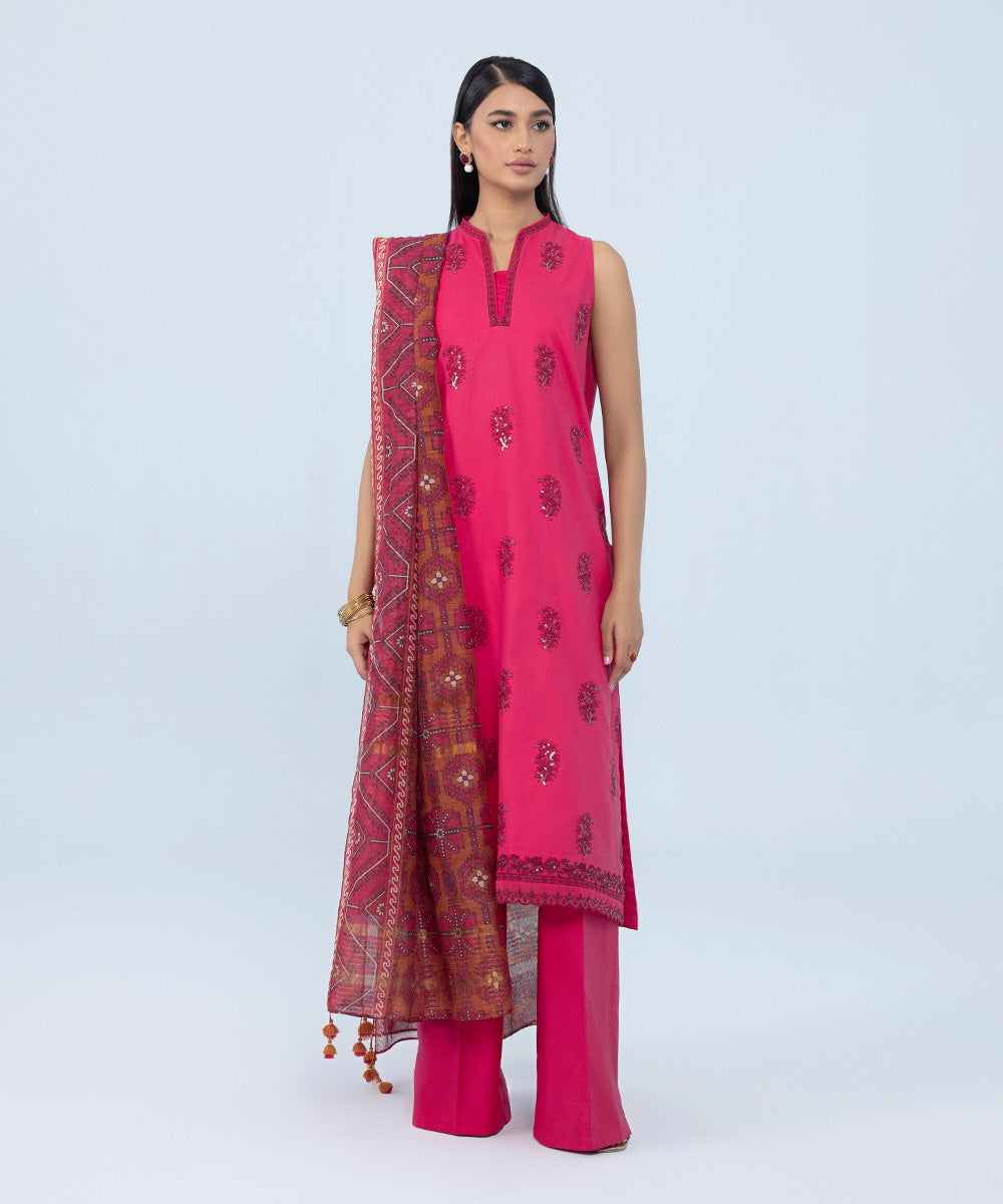 3 Piece - Embroidered Cotton Satin Suit